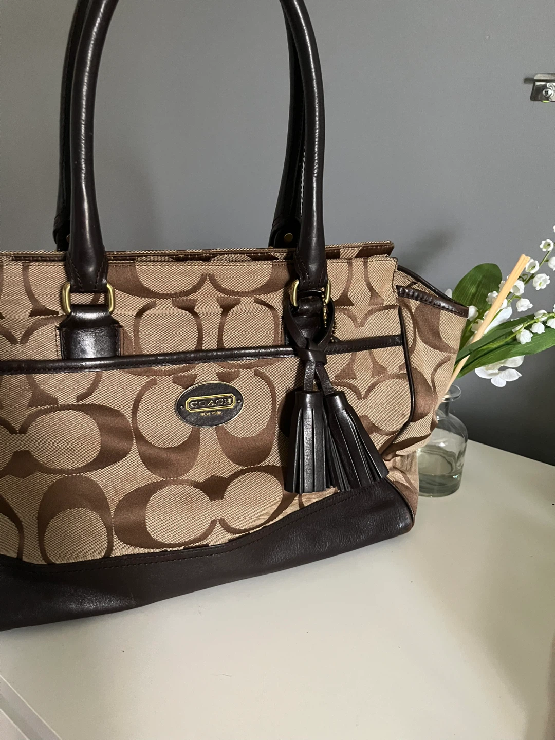 Y2K Coach Beige & Brown Signature Canvas Tote w/ Tassle