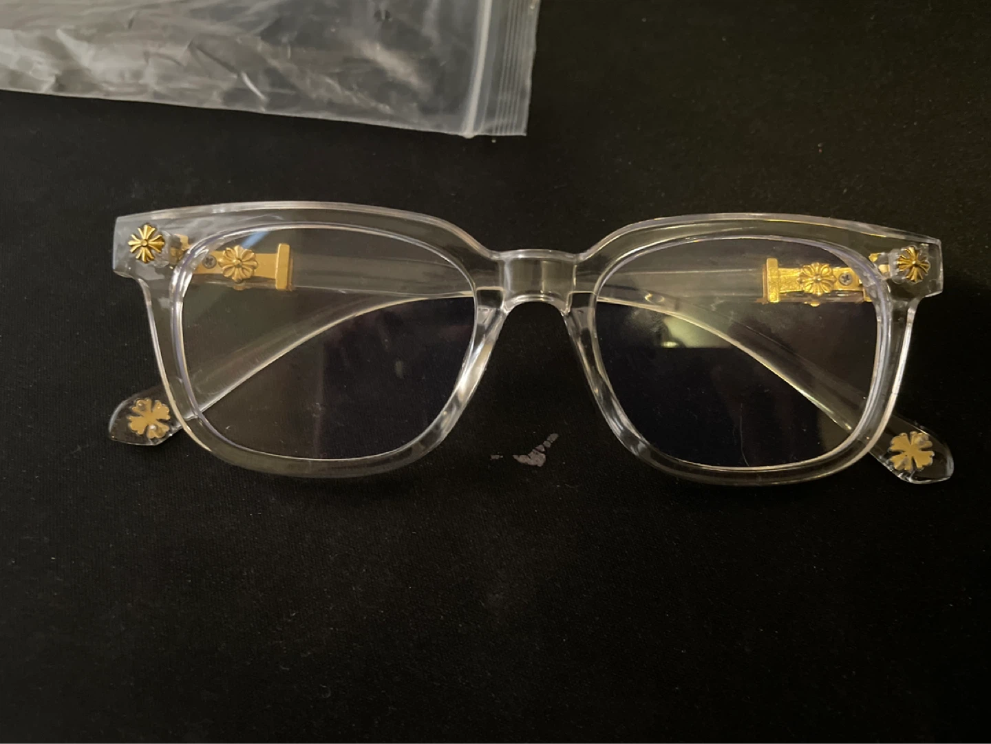 Clear Frame Glasses with Gold Accents