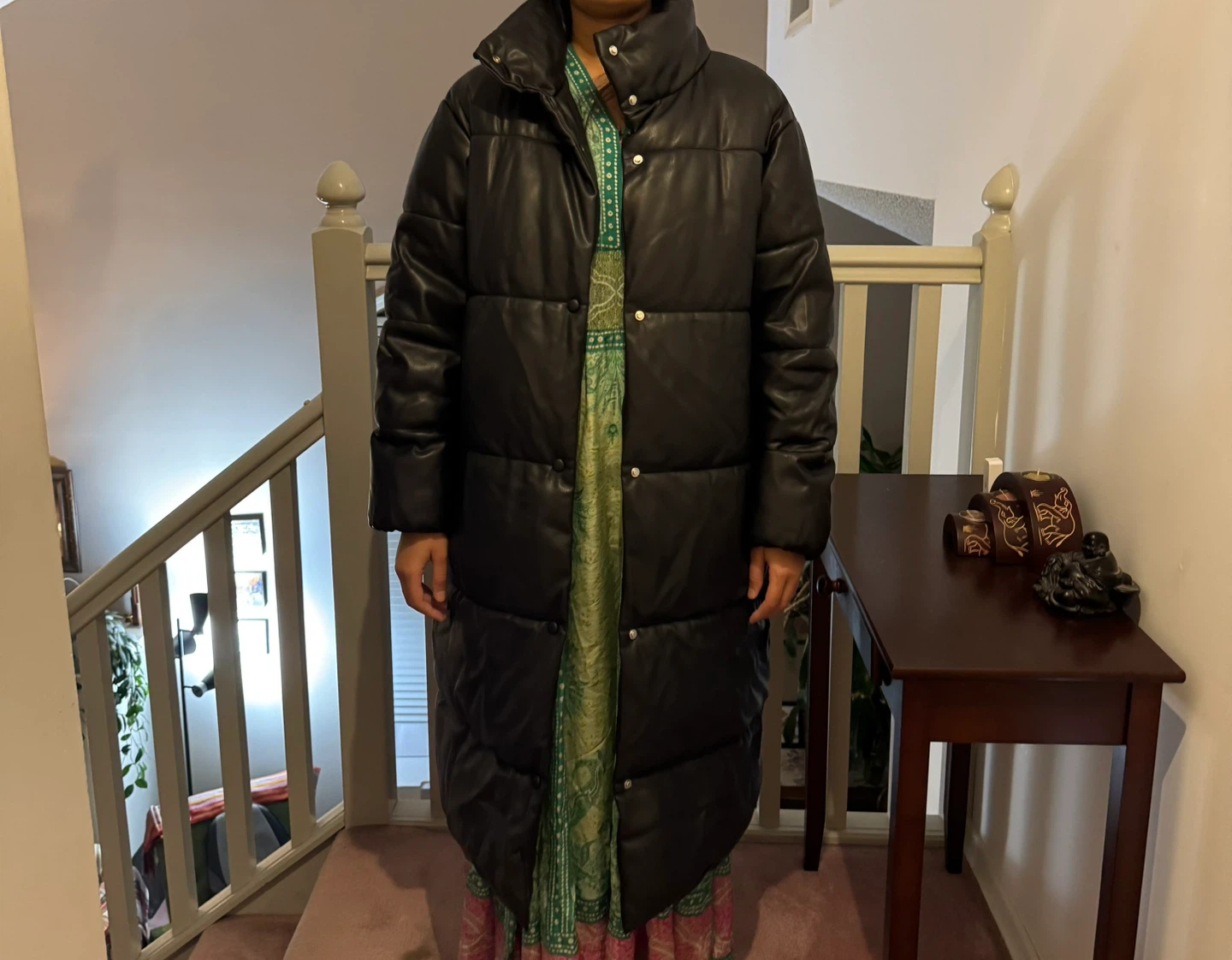 Black Faux Leather Puffer Coat