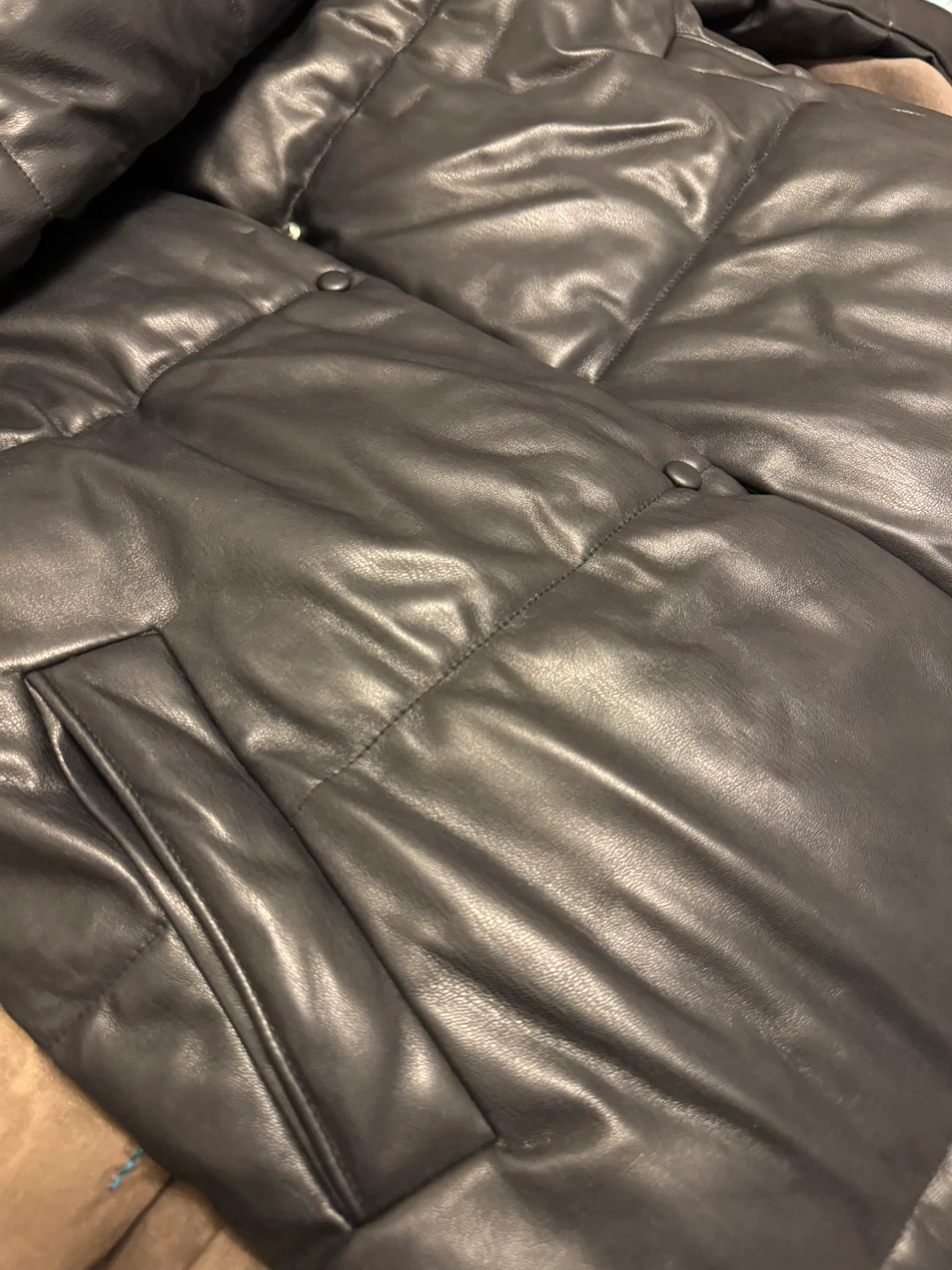 Black Faux Leather Puffer Coat - photo 4