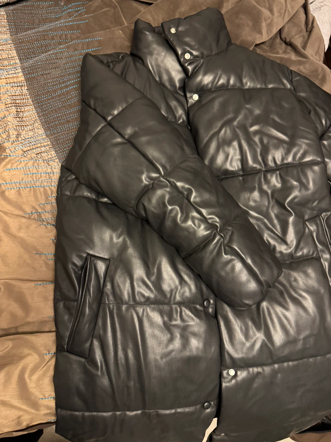 Black Faux Leather Puffer Coat - photo 3