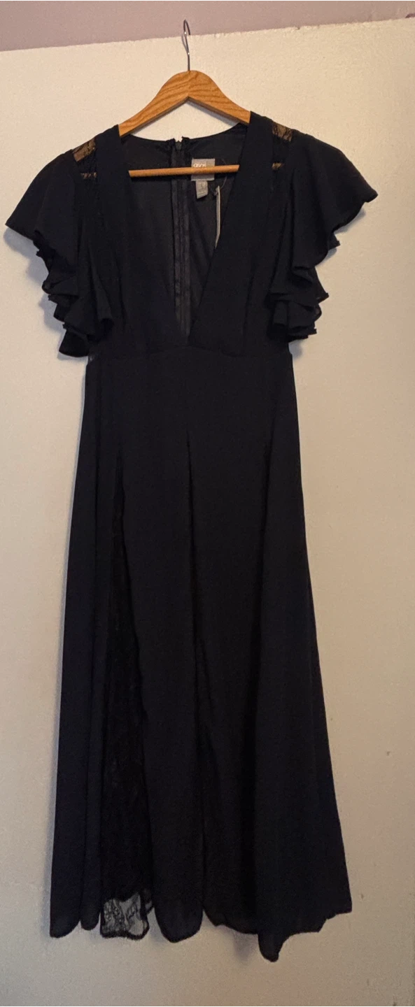 ASOS navy blue Lace Trim Ruffle Sleeve Maxi Dress