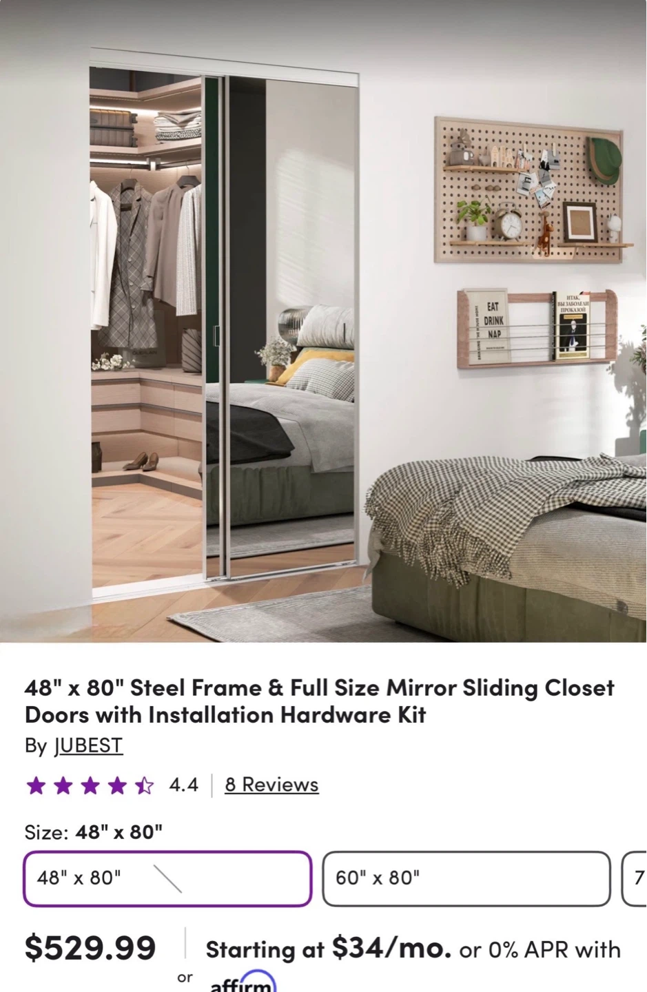 JUBEST 48" x 80" Steel Frame Mirror Sliding Closet Doors
