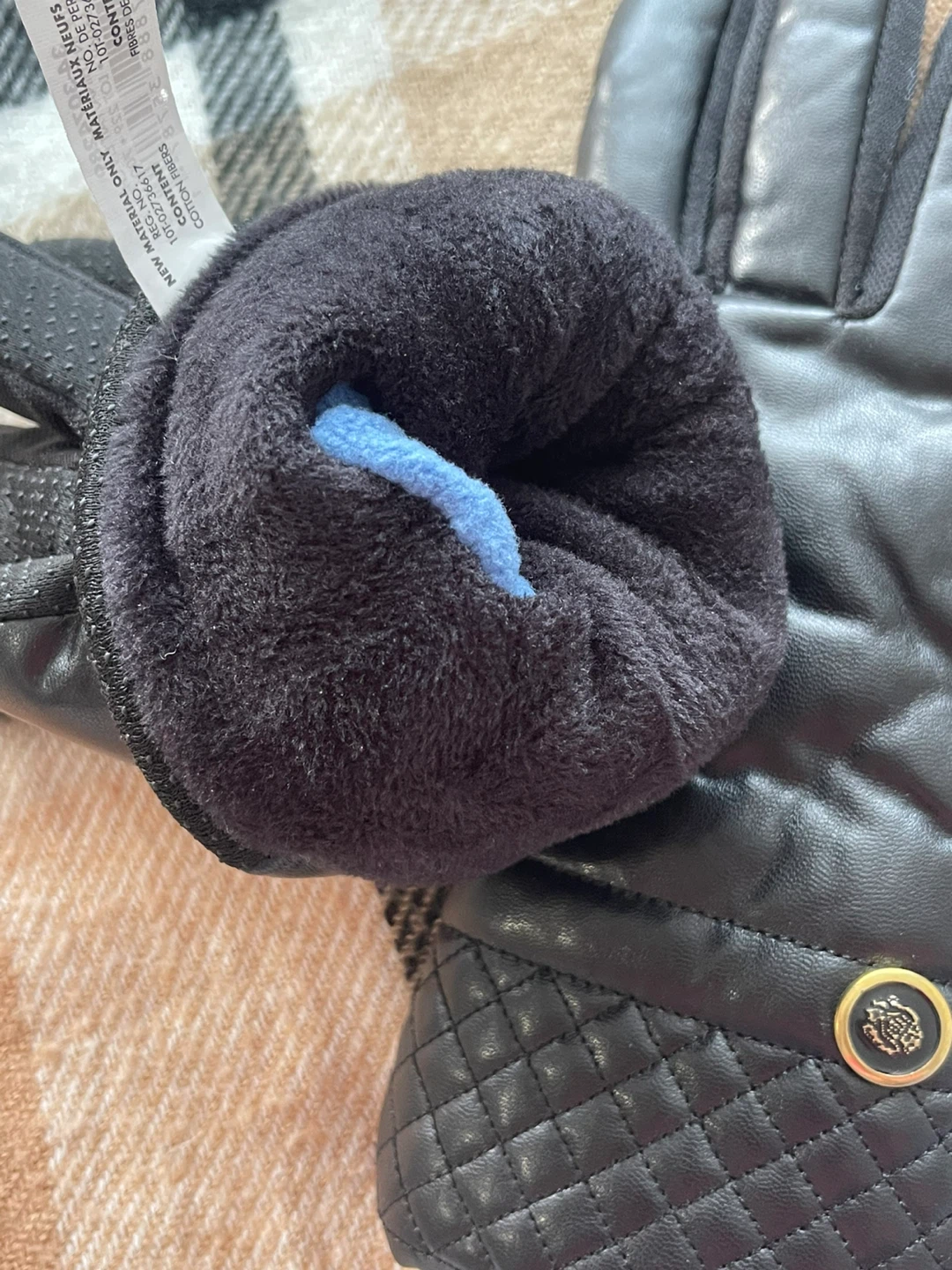 Black Quilted Faux Leather Gloves with Fleece Lining - photo 4