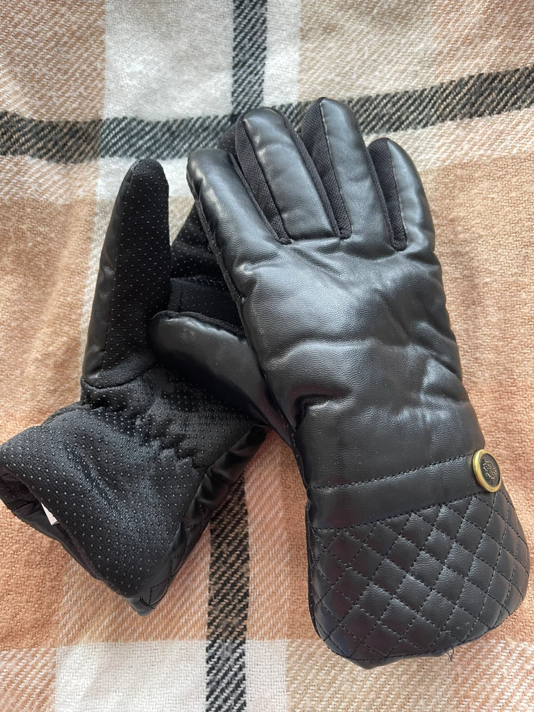 Black Quilted Faux Leather Gloves with Fleece Lining
