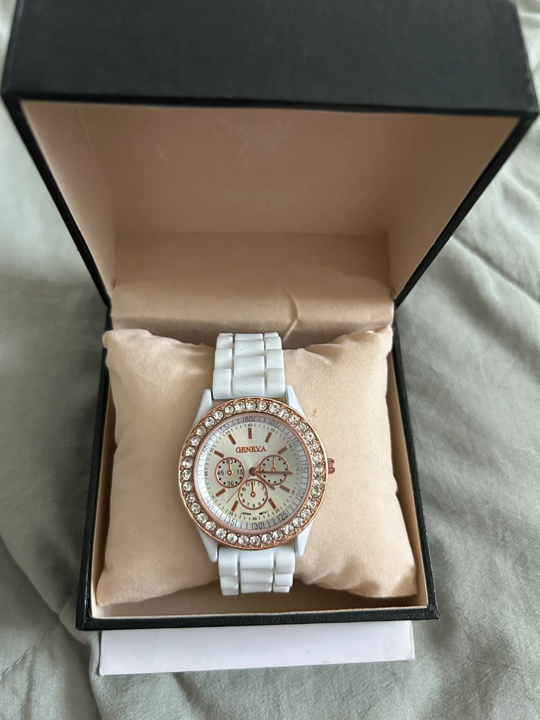 Geneva White and Rose Gold Women's Watch with Rhinestones