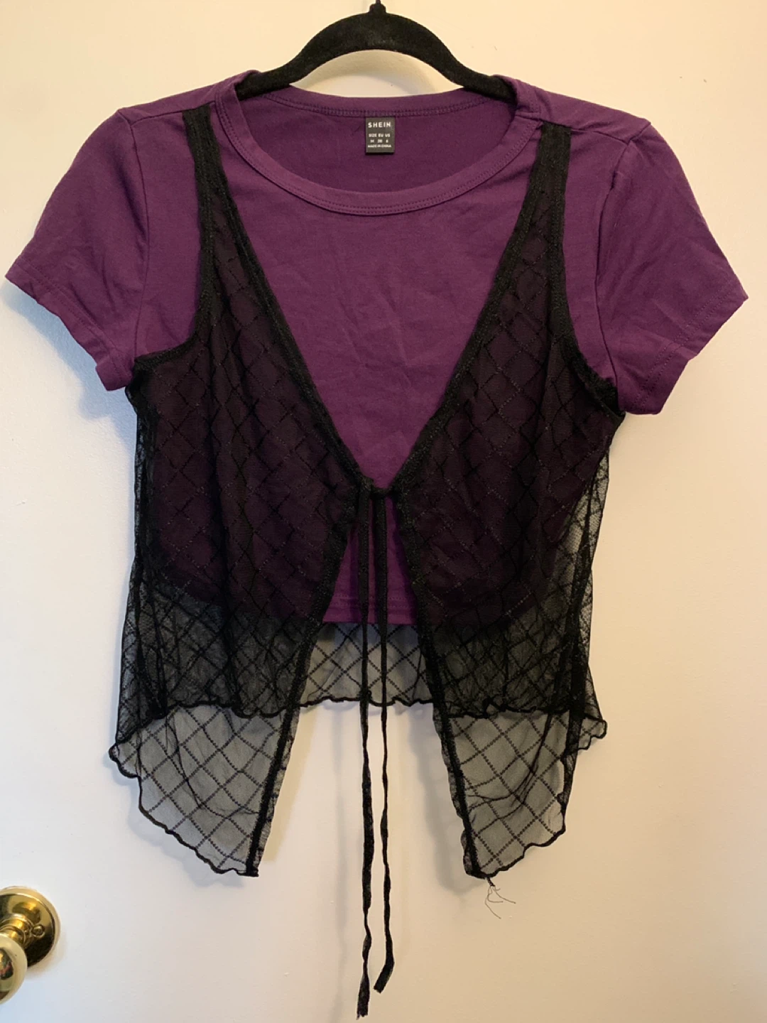 SHEIN Purple T-Shirt with Black Lace Overlay - Size Medium