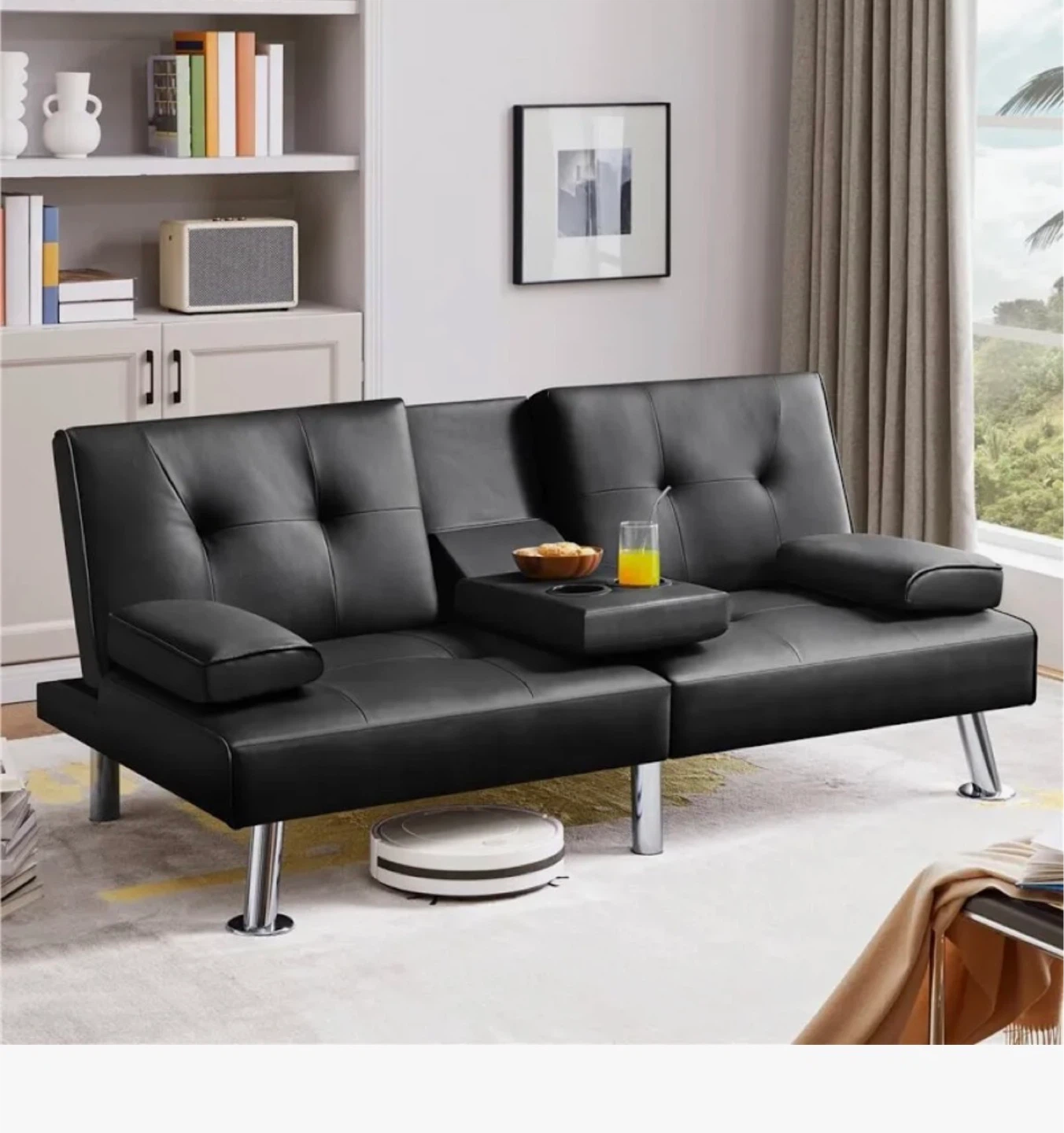 Black Faux Leather Loveseat Sofa Bed with Cup Holders