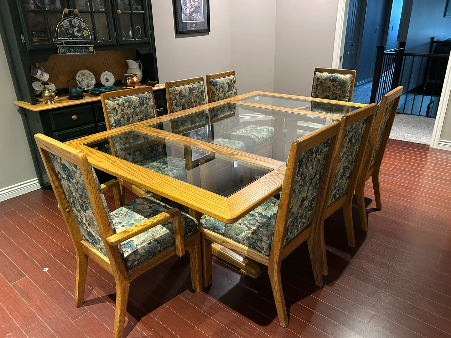 Oak Dining Table with Glass Top and 8 Chairs - photo 3