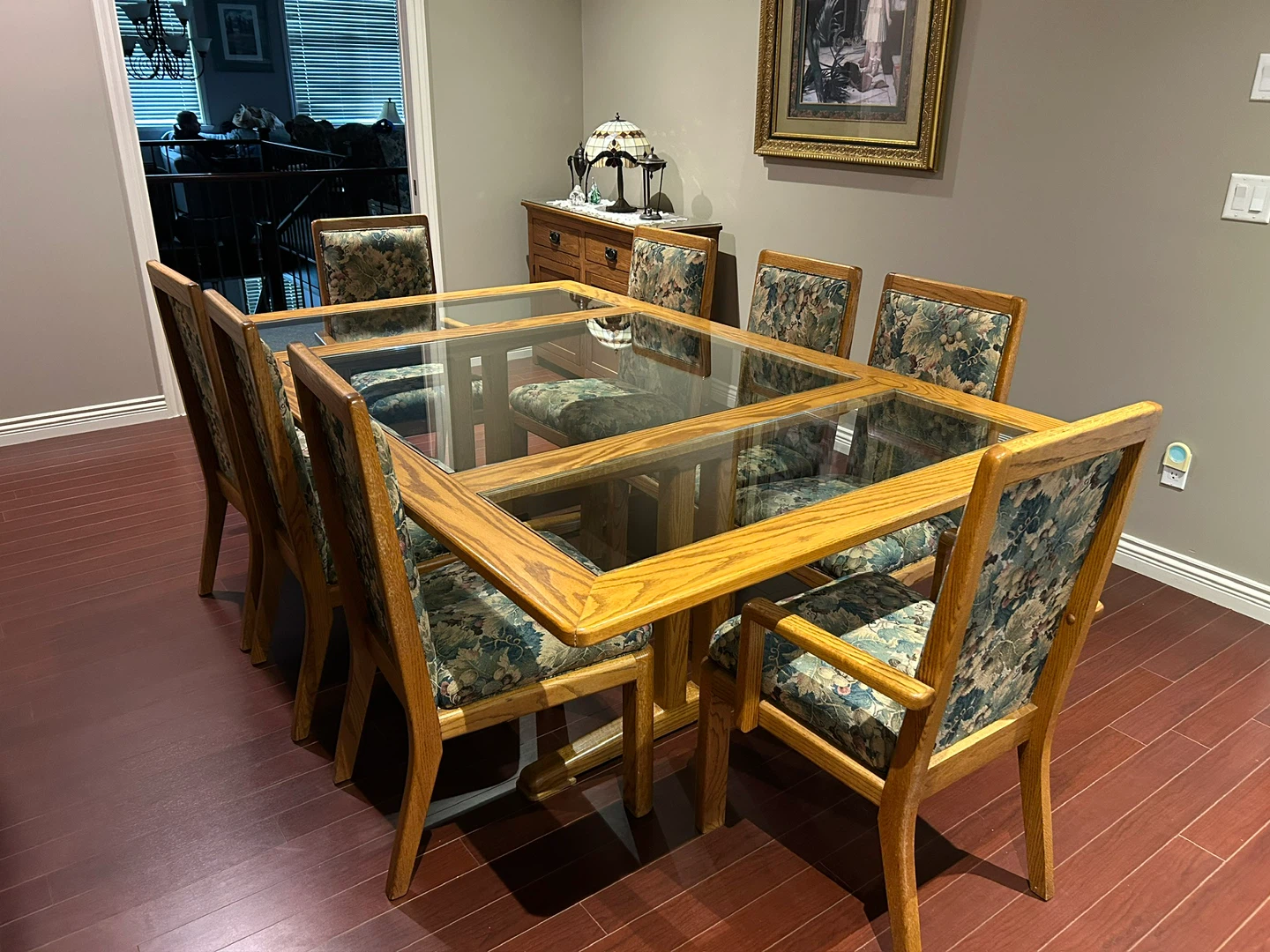 Oak Dining Table with Glass Top and 8 Chairs