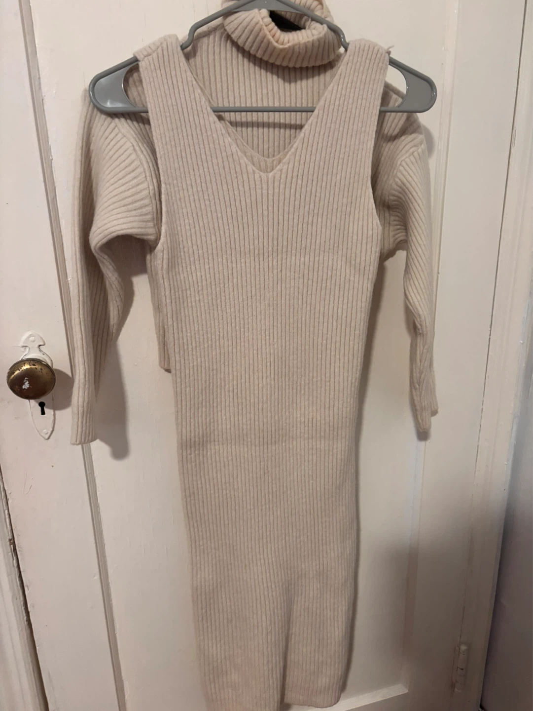 Ribbed Knit Tank Dress & Turtleneck Sweater Set - Cream