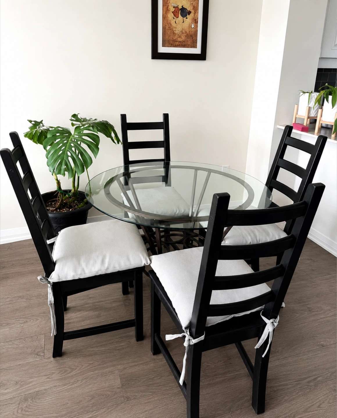 Glass Top Dining Table with 4 Black Chairs
