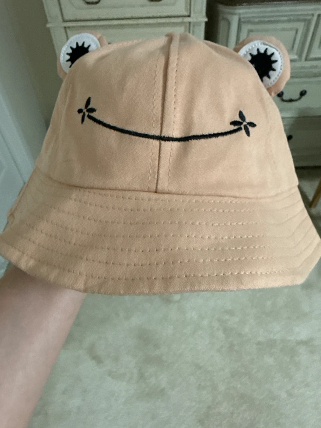 Peach Bucket Hat with Frog Face and Ears