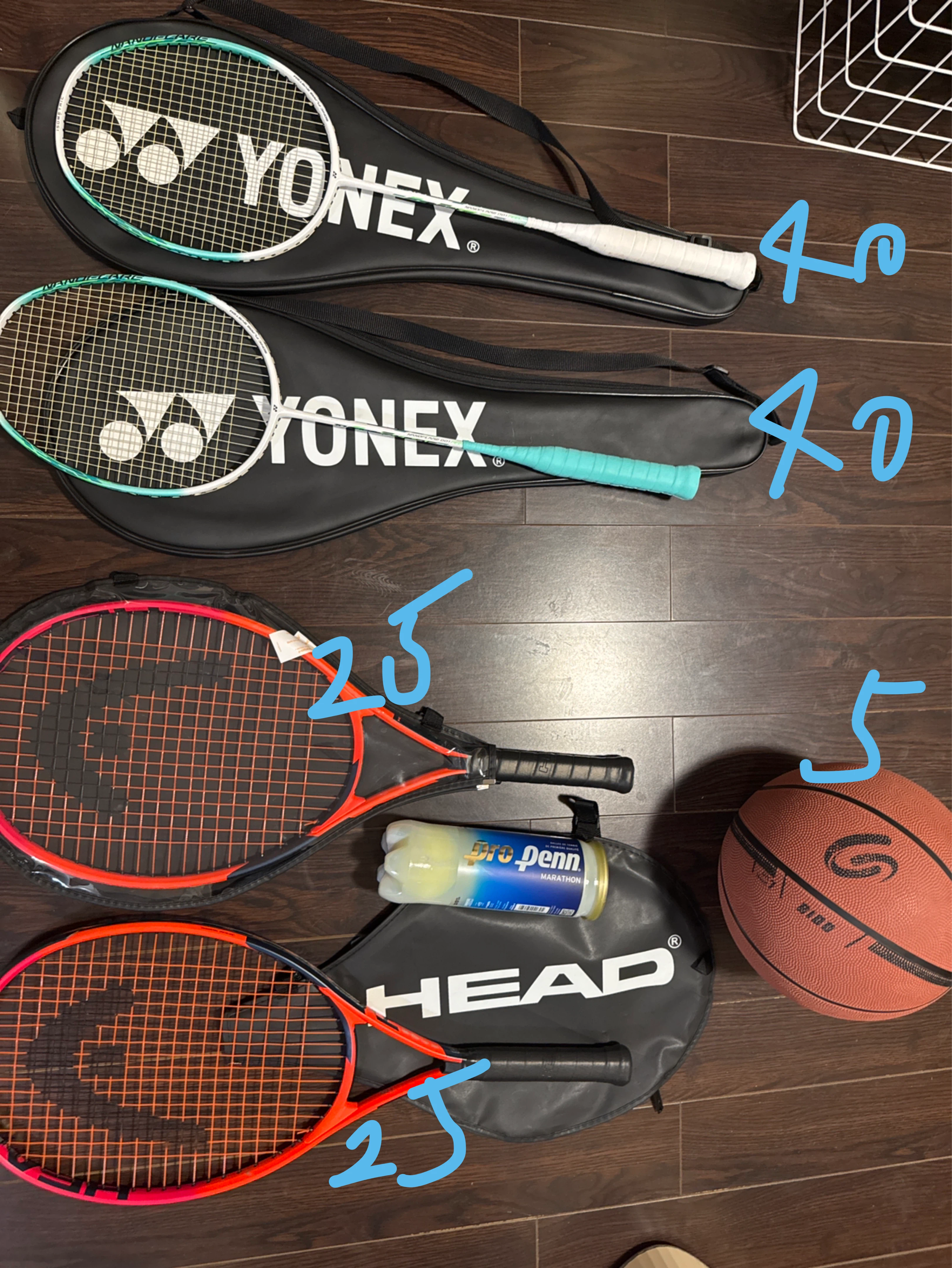 Yonex Badminton Rackets (2) and Head Tennis Rackets (2)