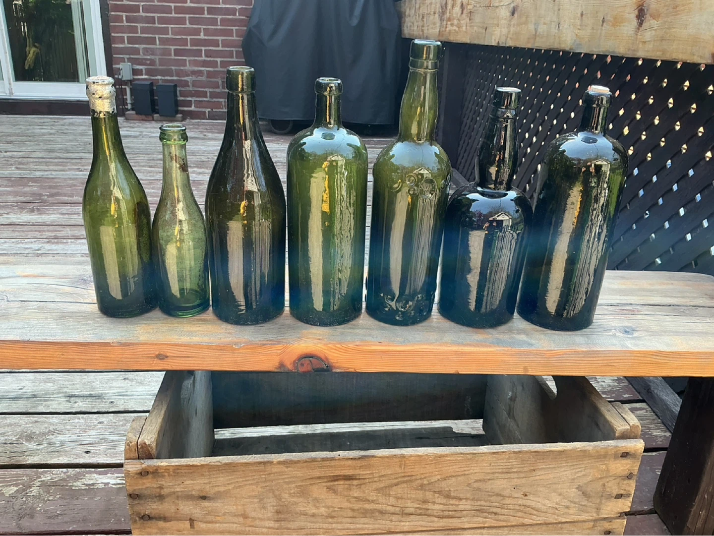 7 Antique Green & Dark Collectible Glasd Bottles!