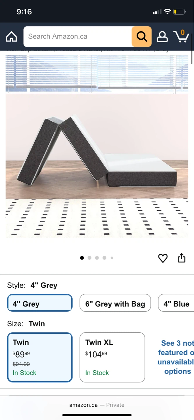 Twin Size 4" Grey Folding Mattress