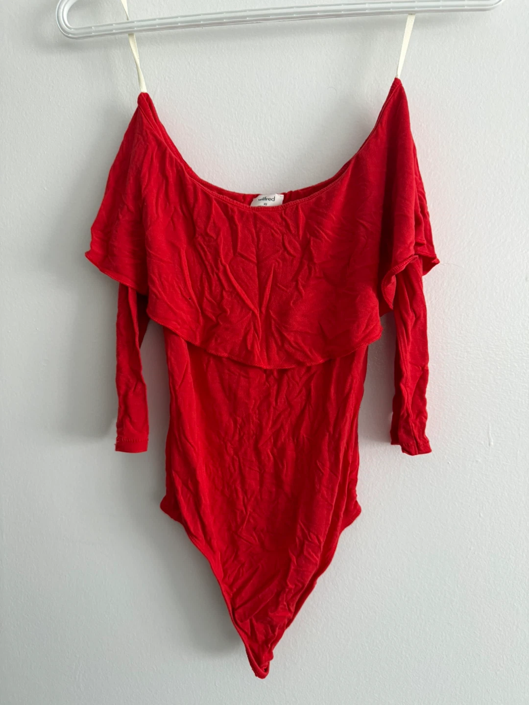 Wilfred Red Off-the-Shoulder Ruffle Long Sleeve Bodysuit