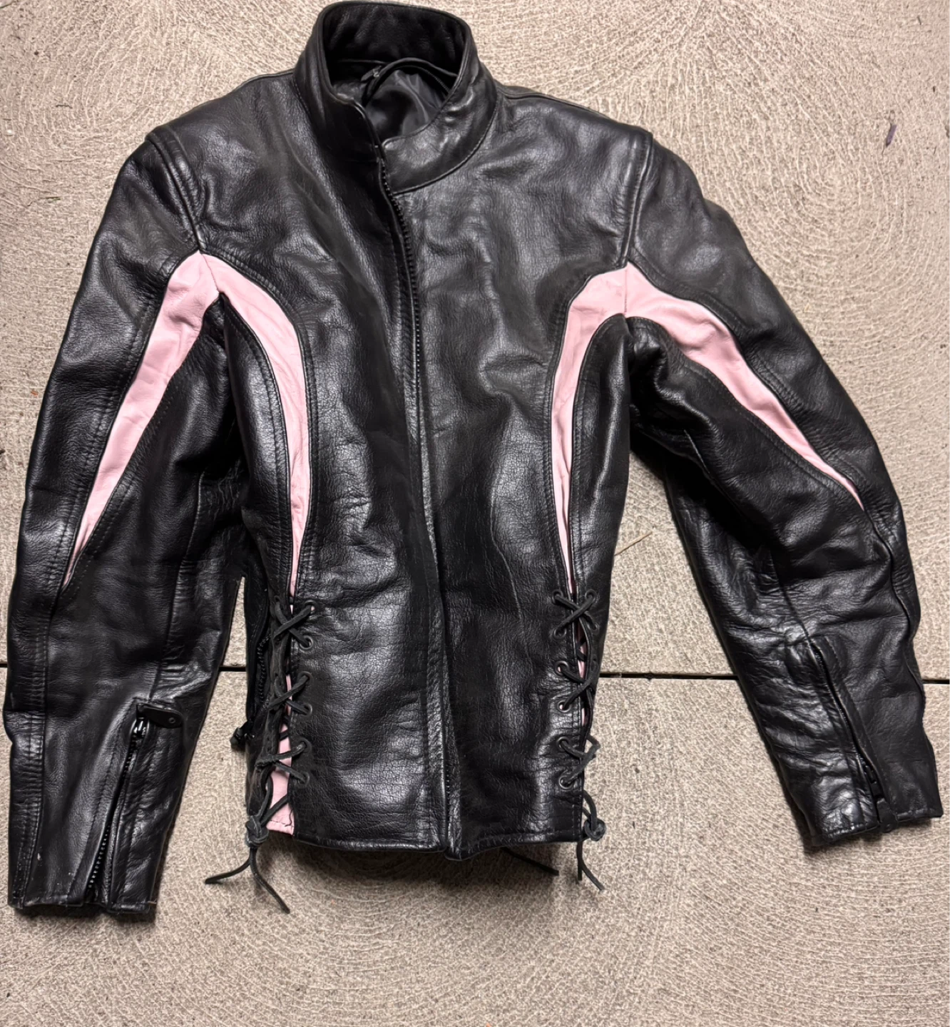 Ladies Genuine Leather Black Motorcycle Jacket with Pink Accents