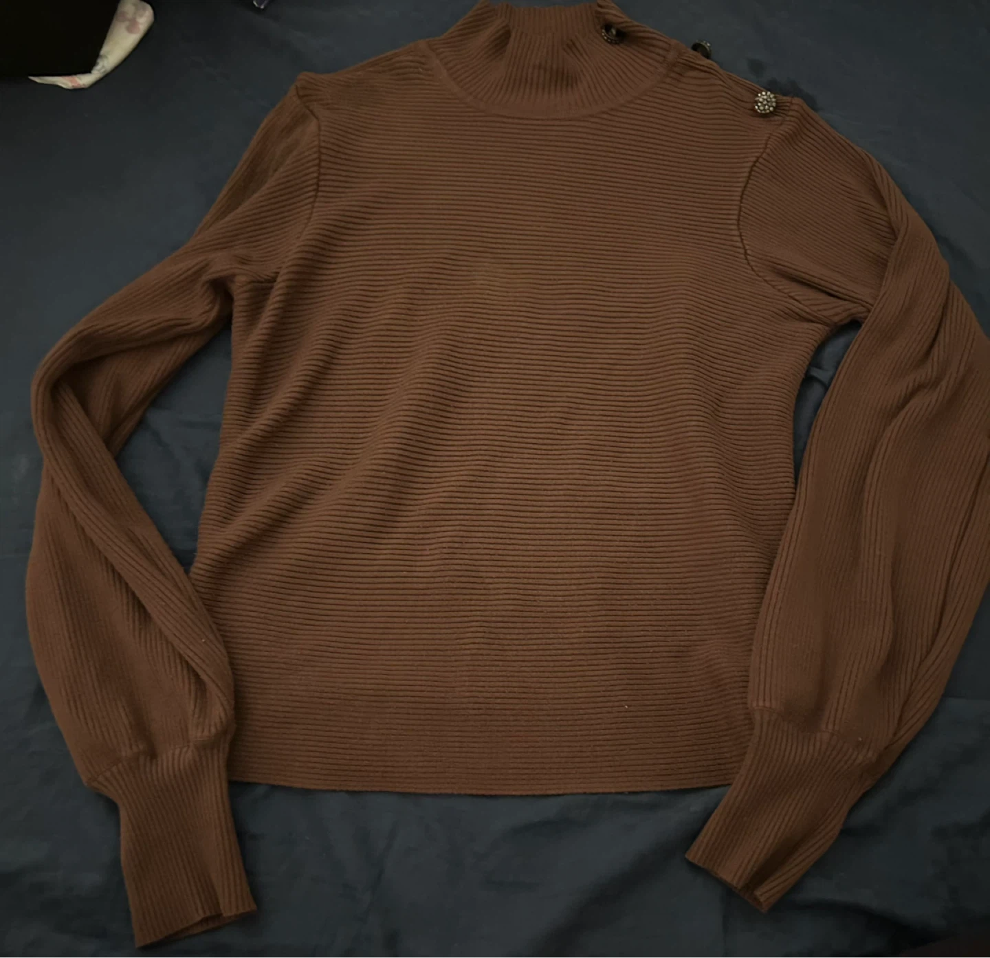 Brown Mock Neck Ribbed Sweater with Button Details