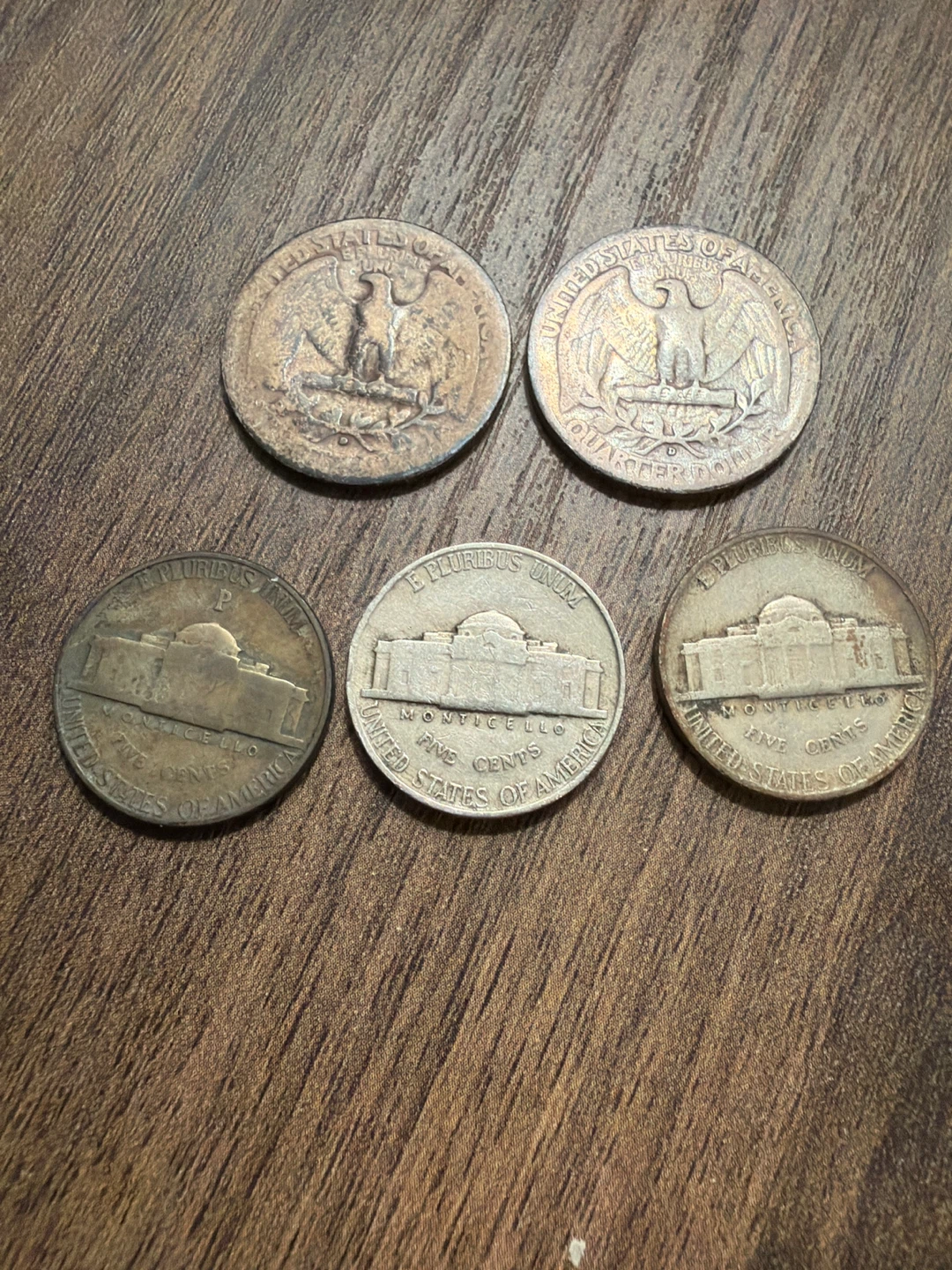 Lot of 5 US Coins - Quarters & Nickels