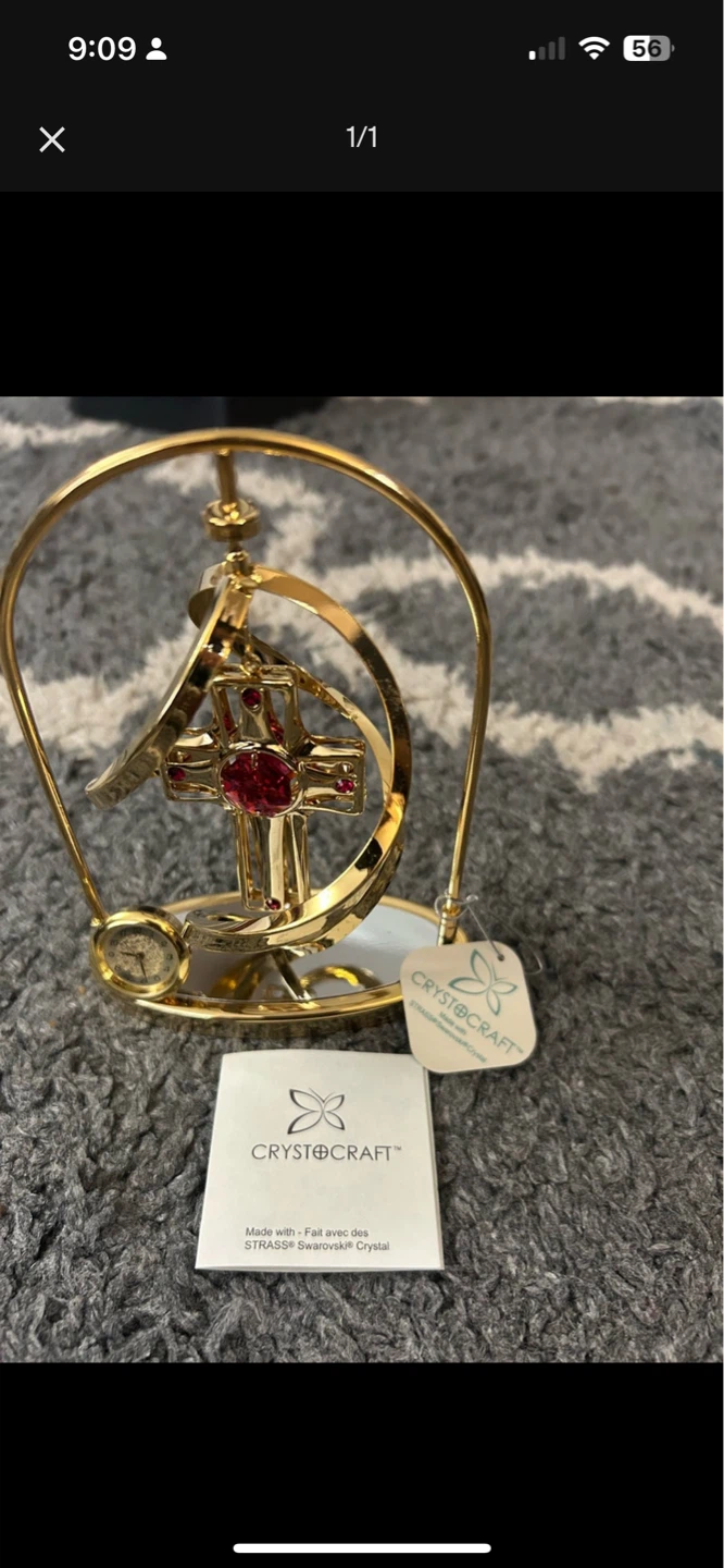 Crystocraft Gold Tone Cross with Red Crystals and Watch