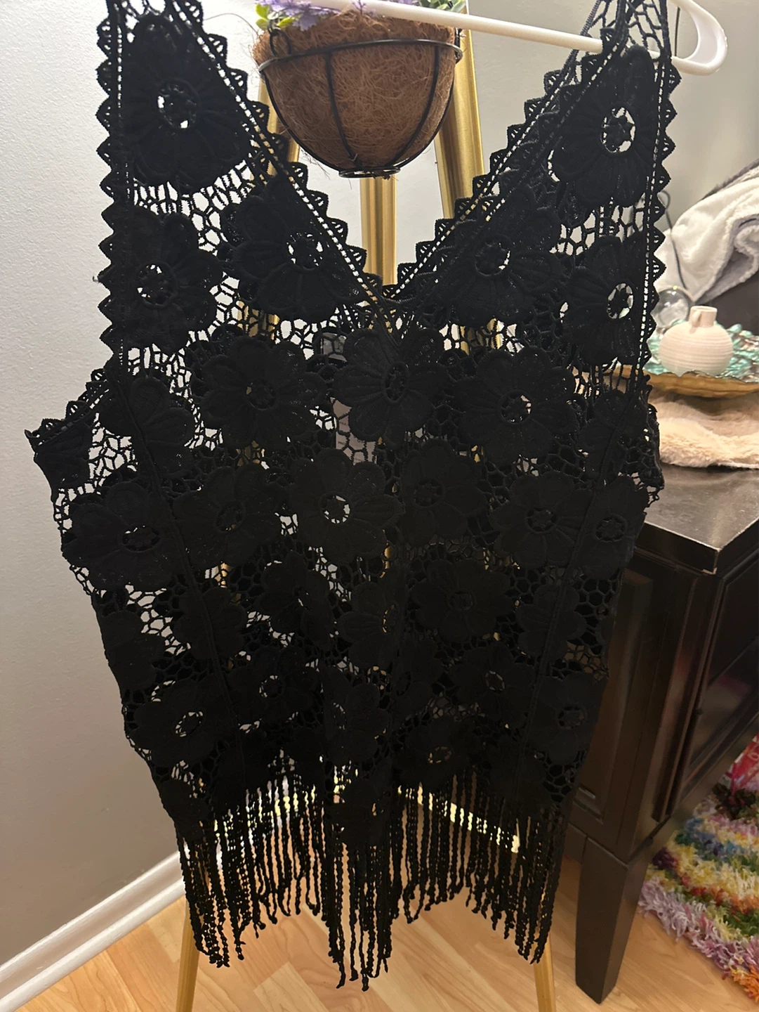 India Boutique Black Lace Fringe Crop Top OS