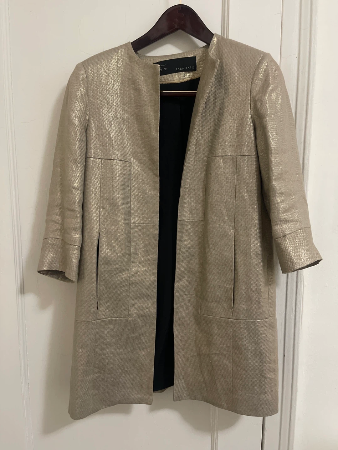 ZARA Basic Metallic Gold Linen Blend Open Front Jacket - Size M
