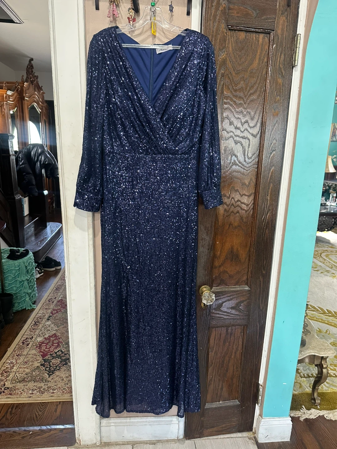 Navy Sequin Long-Sleeve Wrap V-Neck Evening Gown