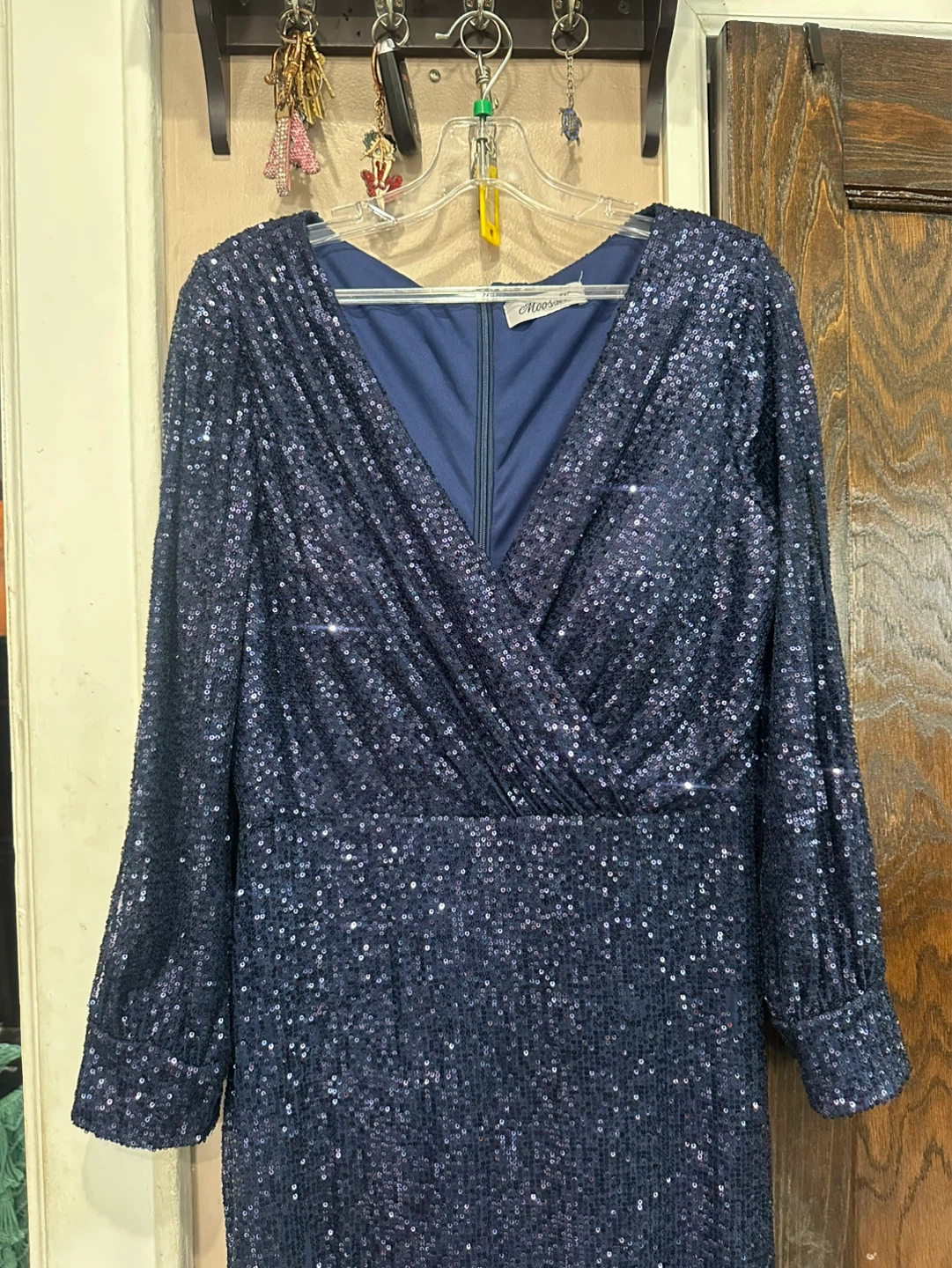 Navy Sequin Long-Sleeve Wrap V-Neck Evening Gown - photo 2