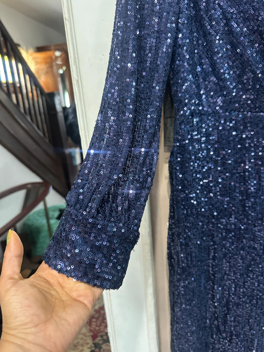 Navy Sequin Long-Sleeve Wrap V-Neck Evening Gown - photo 4