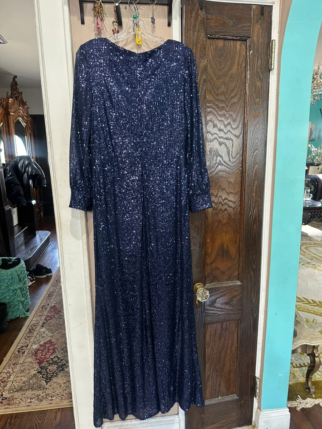 Navy Sequin Long-Sleeve Wrap V-Neck Evening Gown - photo 5