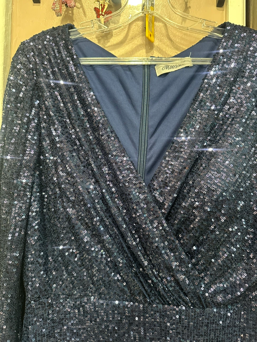 Navy Sequin Long-Sleeve Wrap V-Neck Evening Gown - photo 3