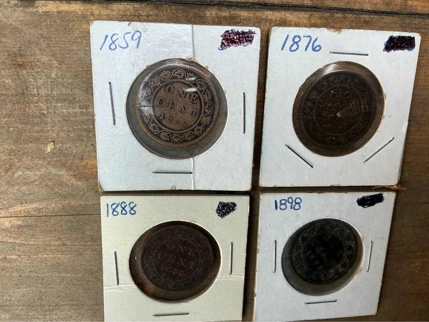 4 Antique Canadian One Cent Coins - 1859-1876-1888-1889 !