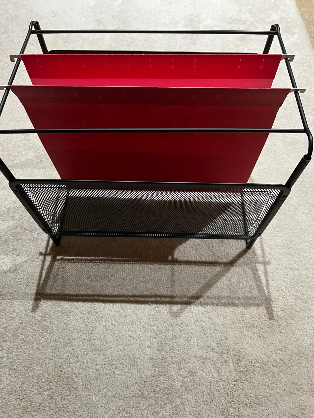 Black Metal Mesh Desk Organizer with Red Hanging Files