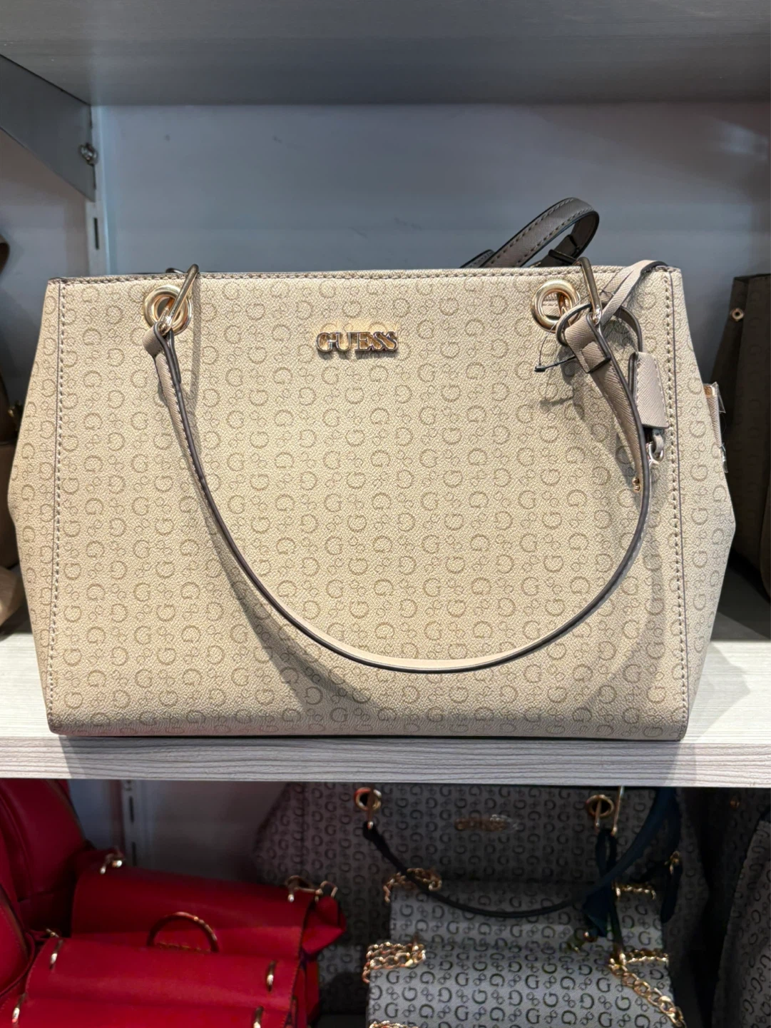 Guess Women's Beige Monogram Top-Handle Handbag