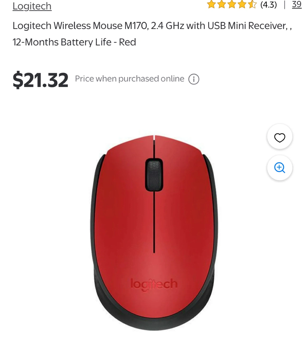 Silent Logitech Wireless Mouse M170, Red - photo 3