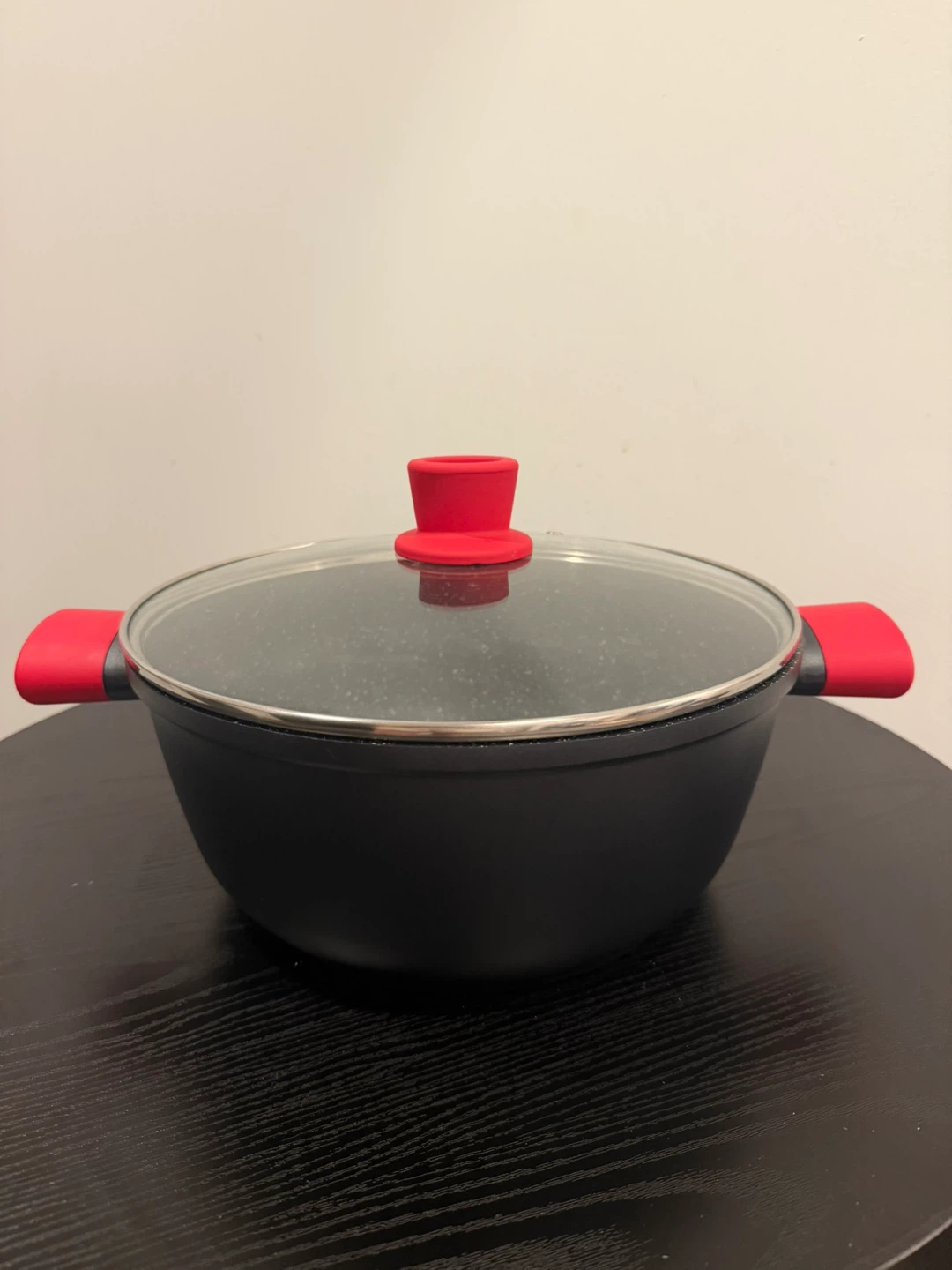 Black Stew Pot with Red Handles and Lid