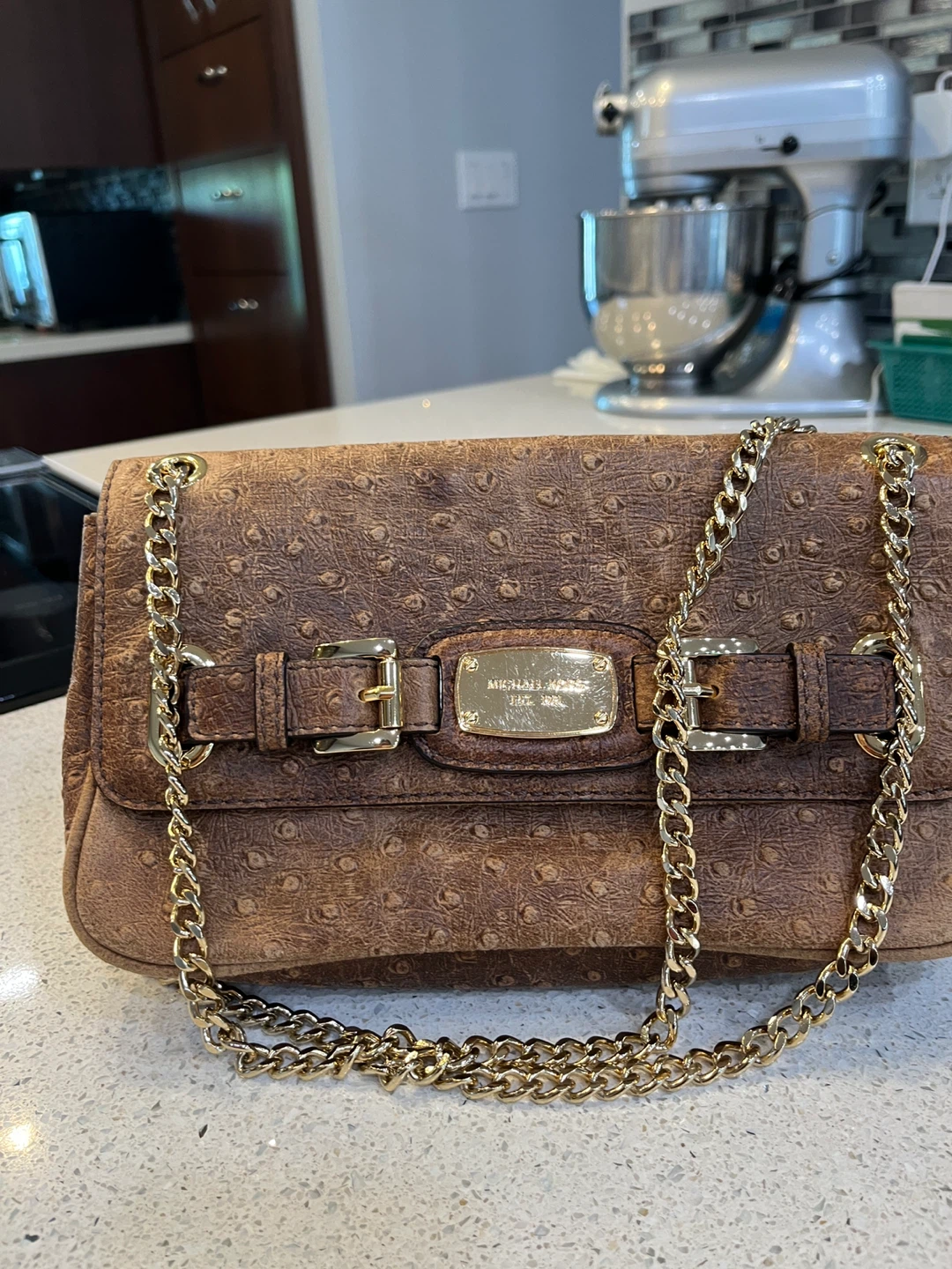 Michael Kors Brown Ostrich Embossed Leather Shoulder Bag