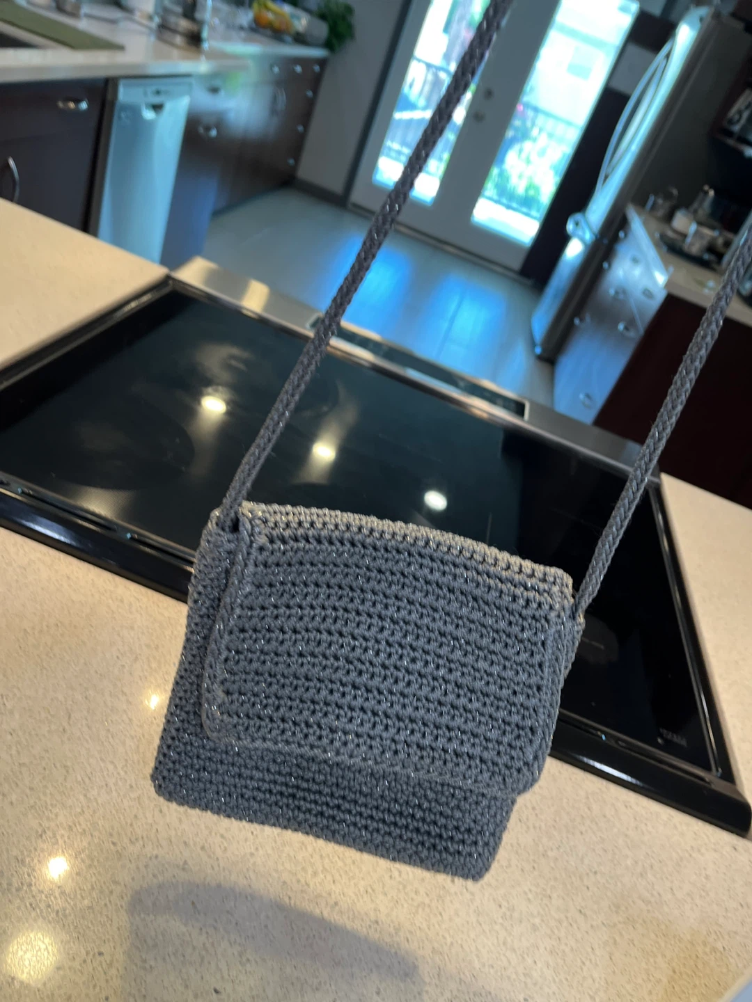 Grey Crocheted Shoulder Bag, SAKS brand