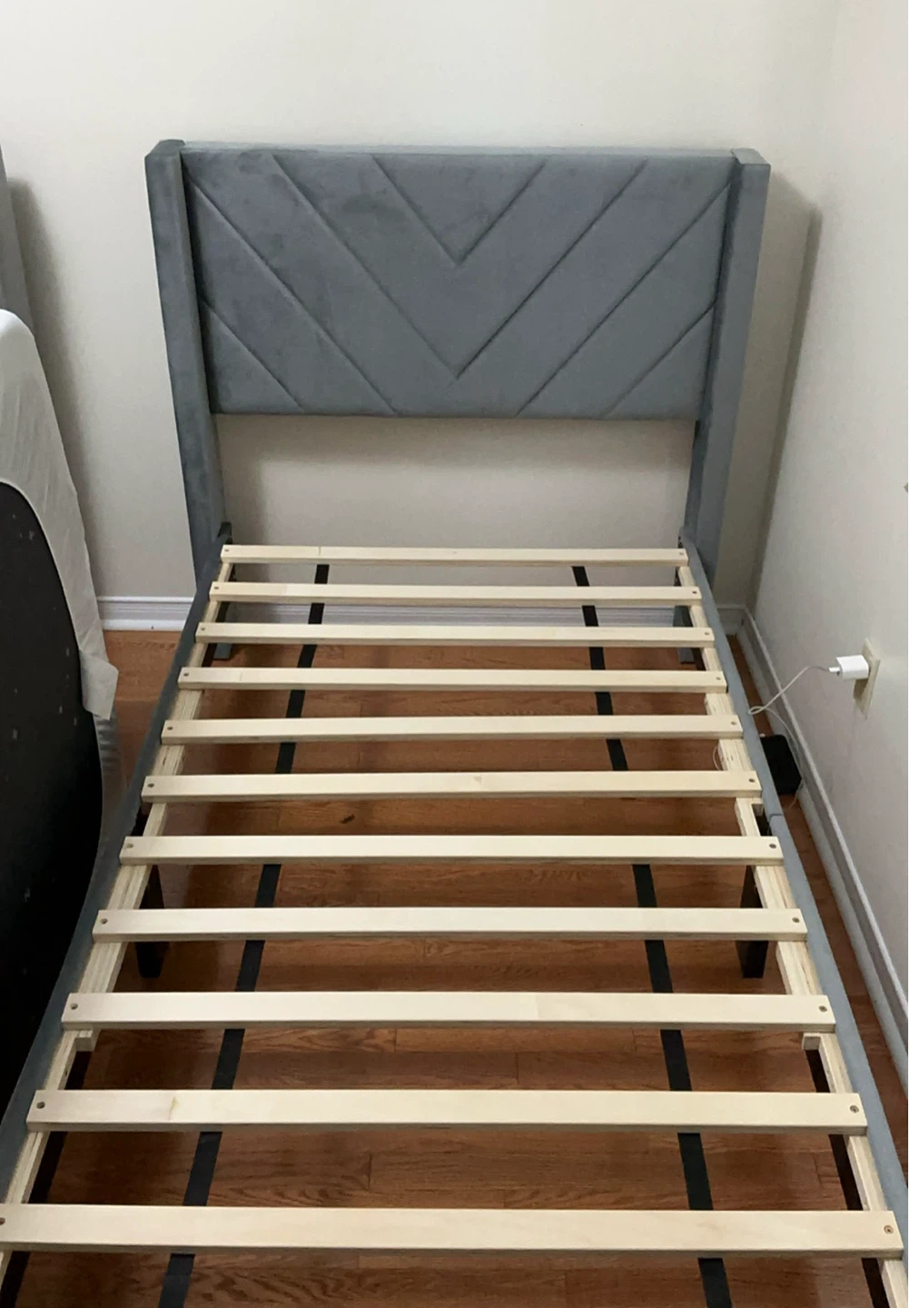 Grey Velvet Bed Frame with Chevron Headboard - photo 5
