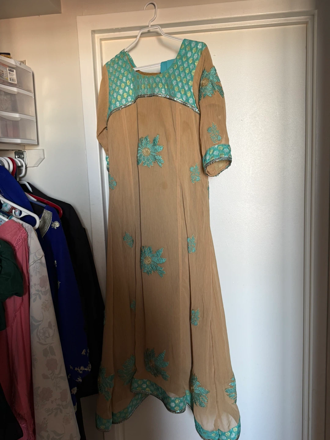 Women's Tan & Teal Embroidered Kurti