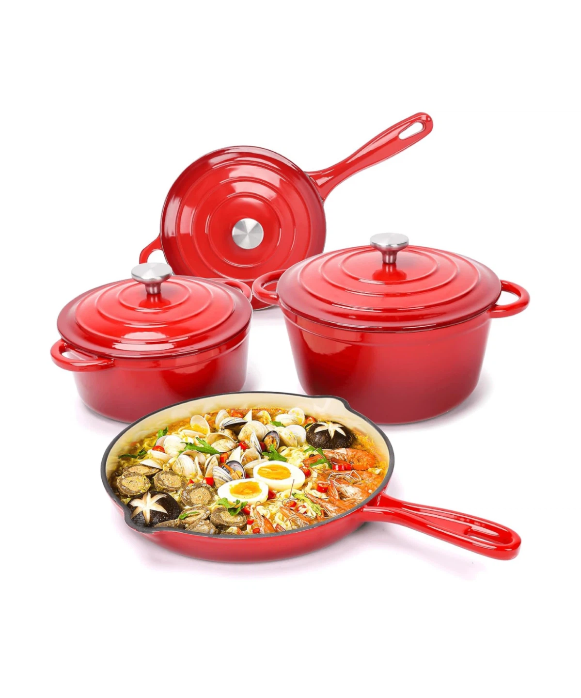 Hisencn Enameled Cast Iron Cookware 7 Piece Dutch Ovens Set
