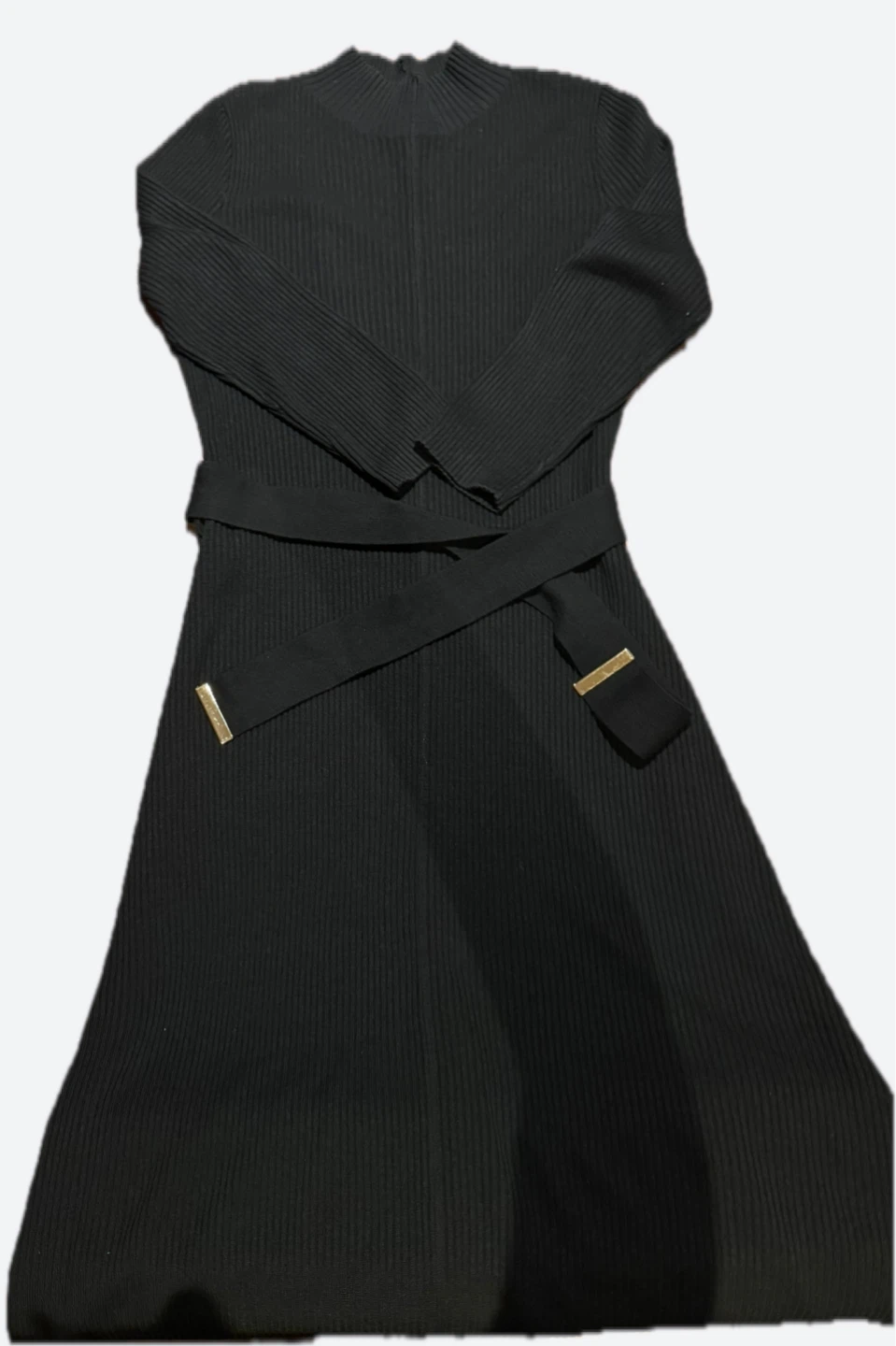 Calvin Klein Black Ribbed Knit Dress with Belt - M