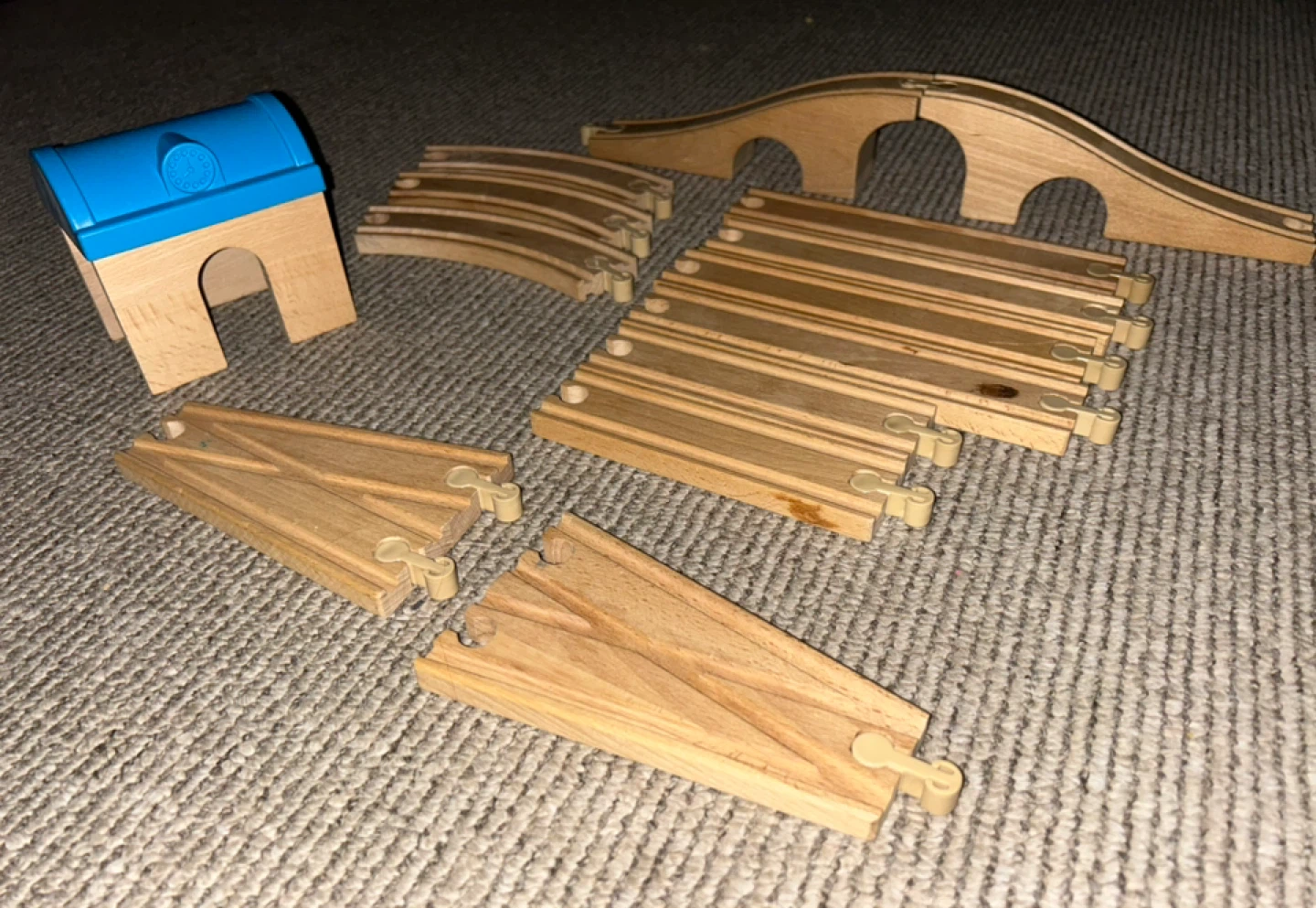 Wooden Train Track pieces with Bridge and Station