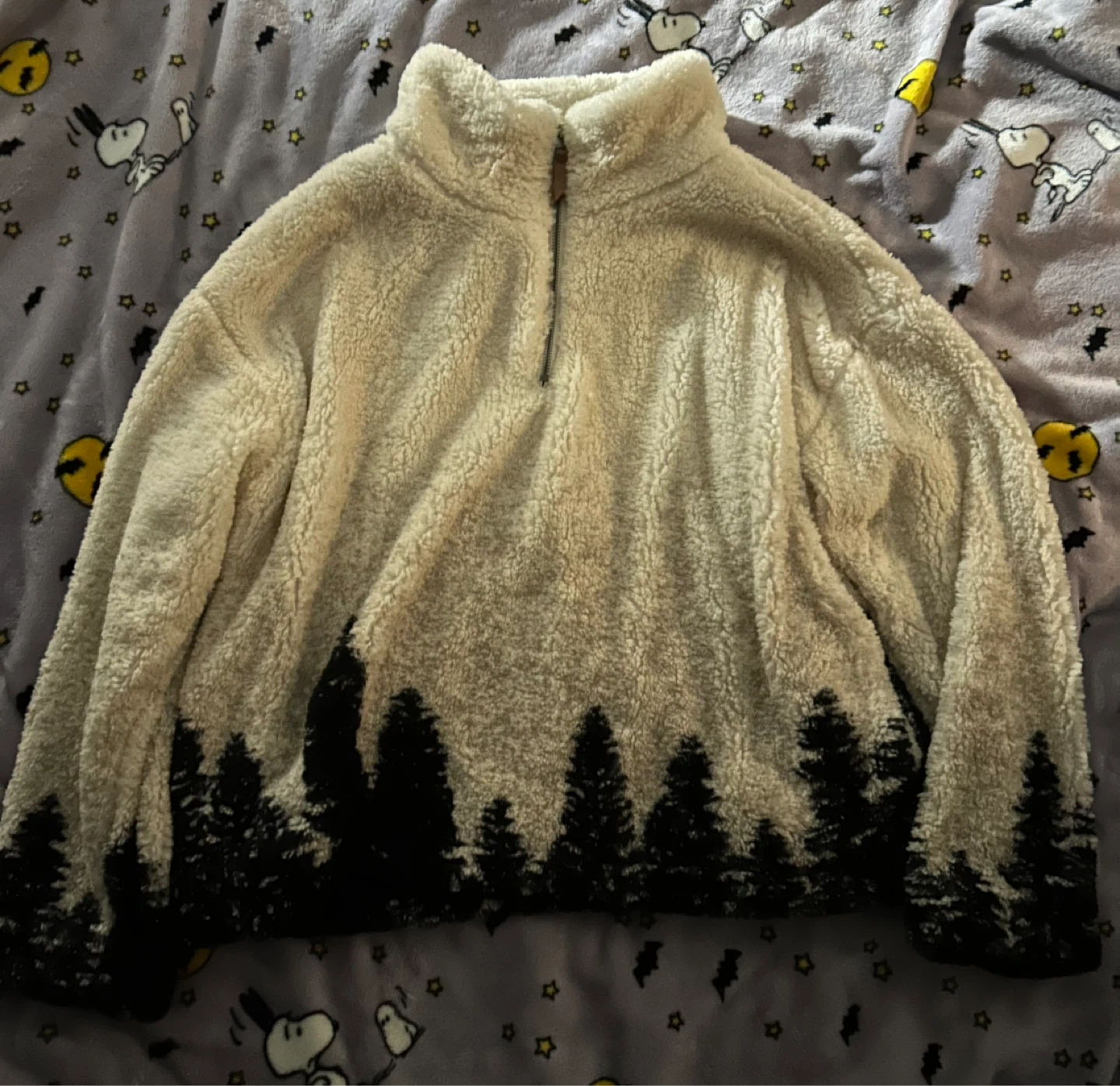Fuzzy Half-Zip Pullover with Tree Print