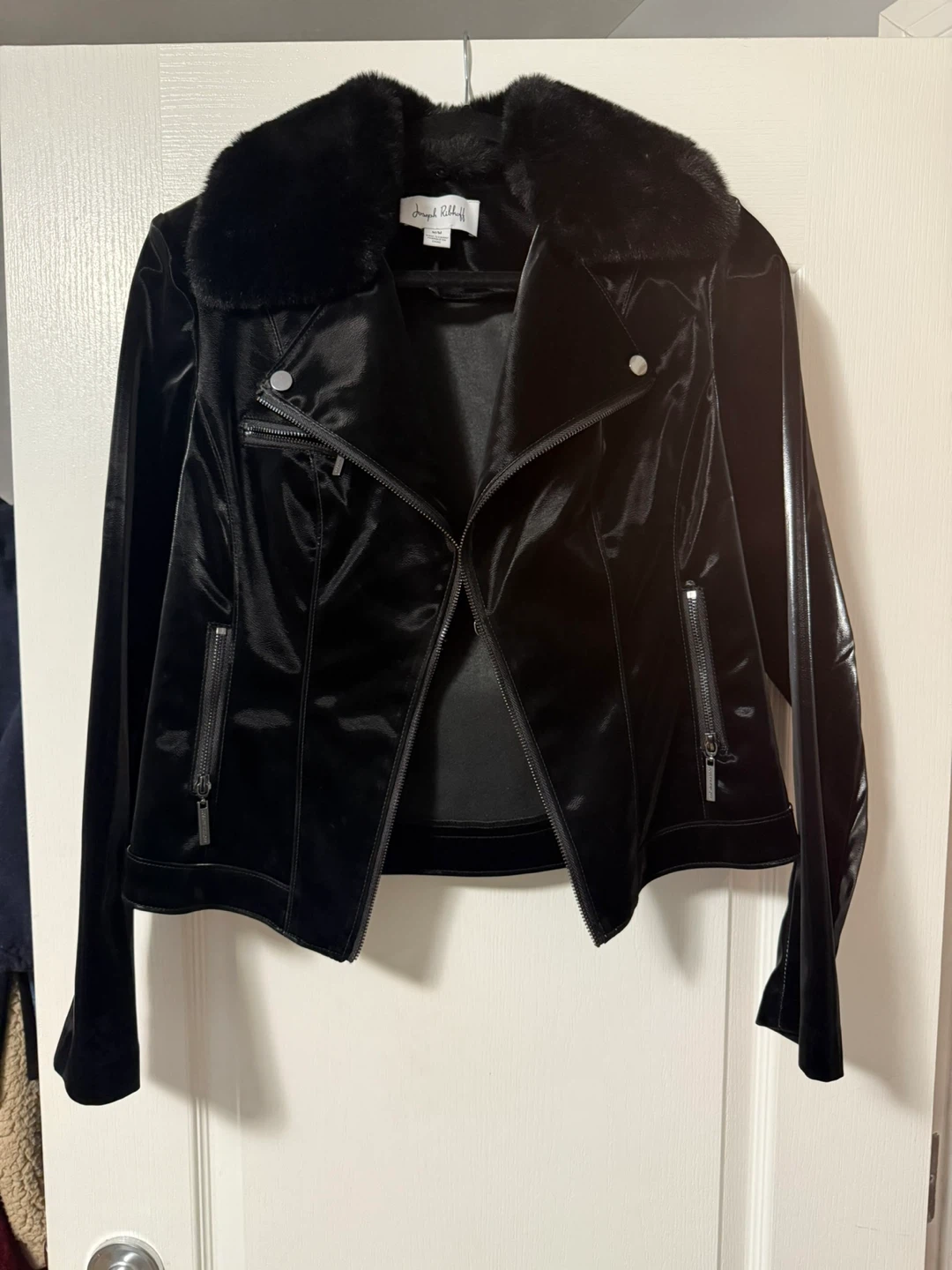 Joseph Ribkoff Black Velvet Moto Jacket with Faux Fur Collar