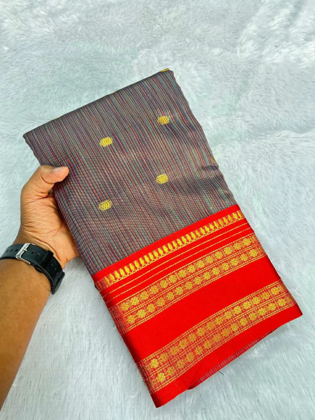 Saree with gold border and red accent