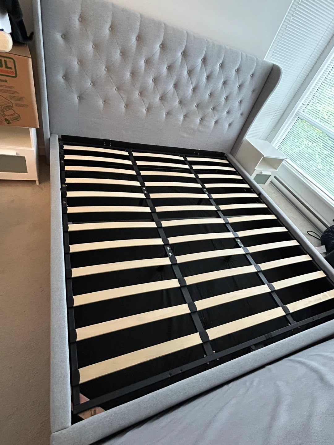 Grey Tufted Wingback Bed Frame with Storage