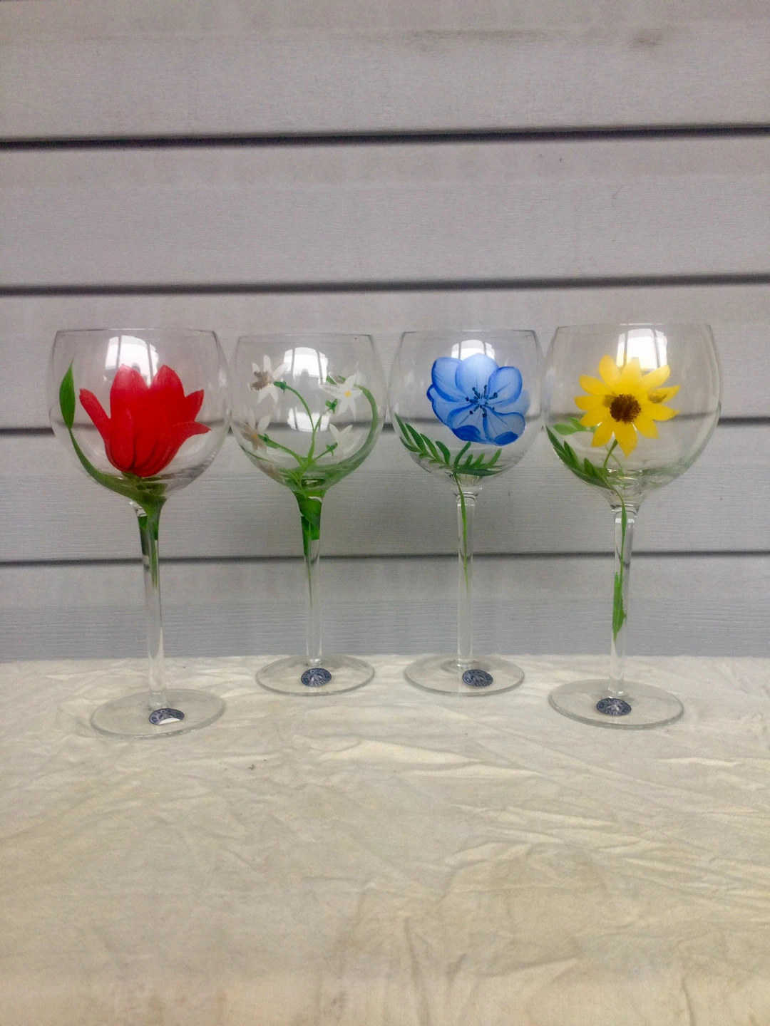 Vintage Block Basics 4 Hand-Painted Floral Wine Goblets - New
