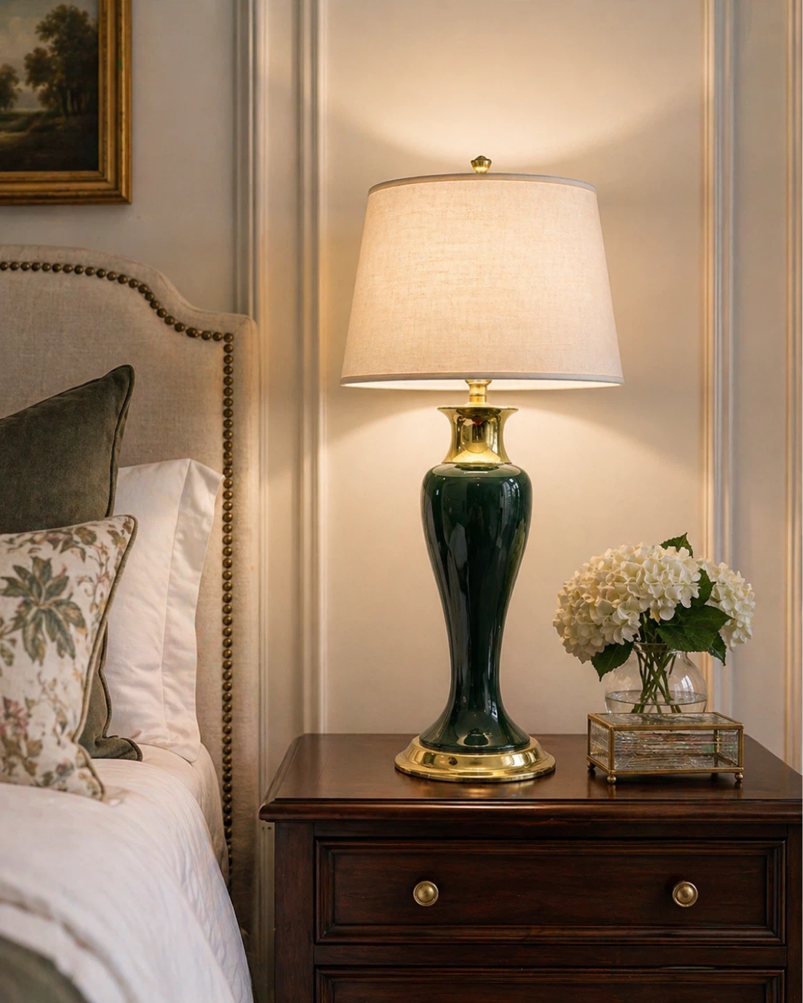 Mid-Century Green Ceramic Table Lamp w/brass base